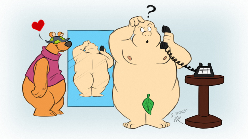 &lt;3 16:9 ? anthro bald botch butt clothed clothing duo help!._it's_the_hair_bear_bunch! hi_res holding_object holding_phone human leaf male mammal nude phone retrouniverseart square_bear ursid widescreen