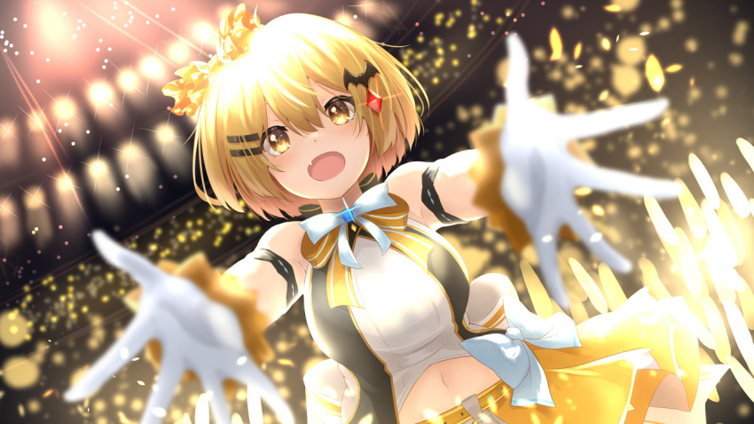 1girl armlet bangs bare_arms bare_shoulders bat_hair_ornament belt blonde_hair blurry blush bokeh bow bowtie breasts clothing_cutout depth_of_field dutch_angle enatsu fang gloves hair_bow hair_ornament hairclip halter_top halterneck hololive hololive_idol_uniform idol idol_clothes large_breasts layered_skirt looking_at_viewer miniskirt navel navel_cutout official_alternate_costume open_mouth outstretched_arms reaching_out short_hair skirt sleeveless smile solo stage virtual_youtuber white_bow white_gloves wrist_cuffs yellow_eyes yozora_mel