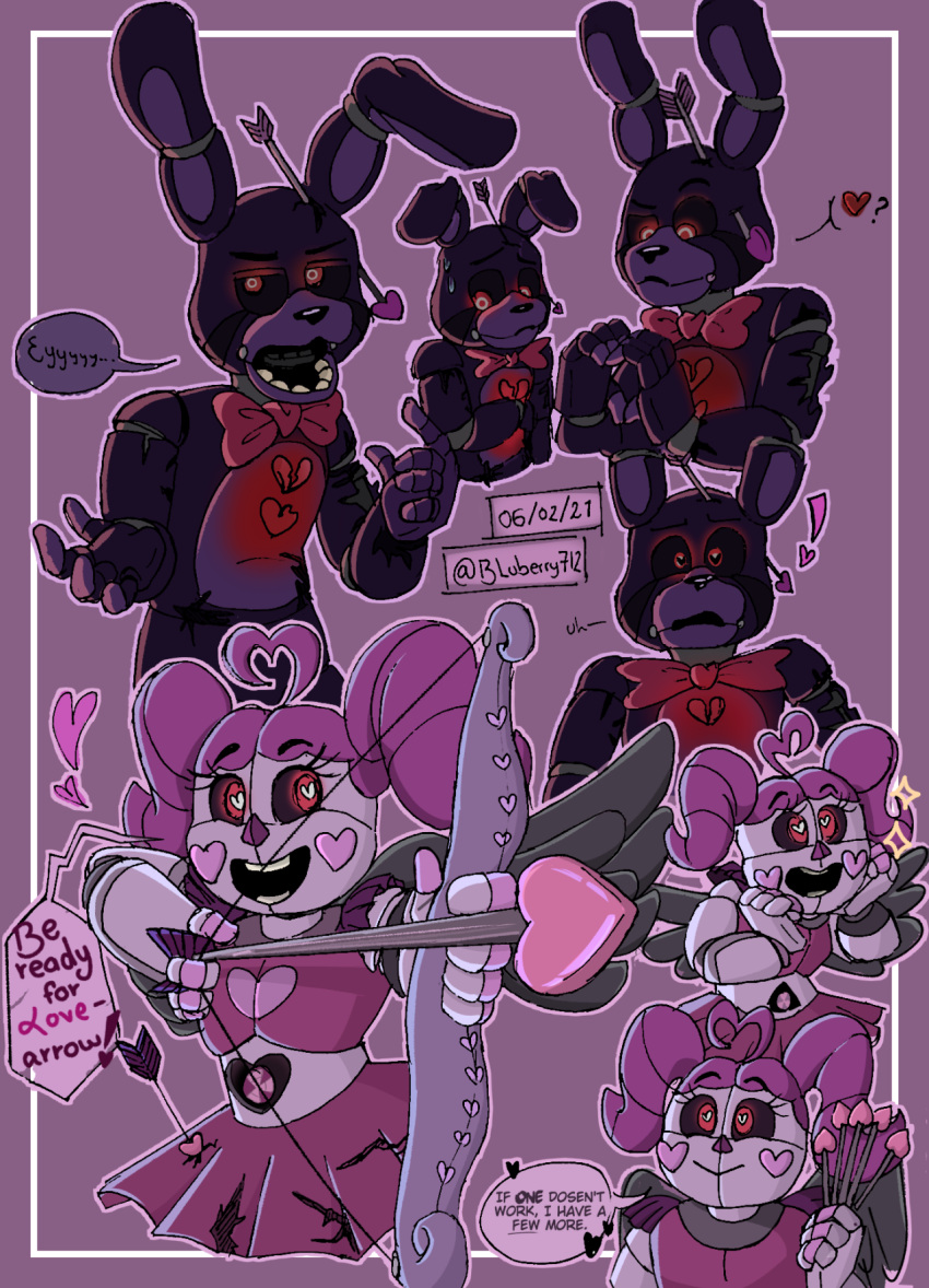 ! &lt;/3 &lt;3 &lt;3_cheeks &lt;3_eyes ... 2021 :d ? aiming aiming_weapon animatronic anthro big_ears big_hair black_heart_bonnie_(fnaf) bluberry712 blush bodily_fluids bonnie_(fnaf) bottomwear bow_(weapon) bow_tie circus_baby_(fnaf) clothing clown cowlick cracked_face dialogue duo eyelashes fan_(disambiguation) feathers female five_nights_at_freddy's five_nights_at_freddy's_ar gesture grey_body grey_feathers grey_wings hair half-closed_eyes hand_heart hand_on_face hand_on_head happy heartsick_baby_(fnaf) hi_res holidays humanoid lagomorph leporid long_ears long_hair looking_aside looking_away looking_down looking_up machine male mammal multicolored_body narrowed_eyes open_mouth pigtails pink_body pseudo_clothing purple_background purple_body purple_hair rabbit raised_arm ranged_weapon red_body red_eyes robot shirt shy simple_background skirt smile sparkles speech_bubble standing sweat teeth topwear torn_arm torn_body torn_face two_tone_body valentine's_day video_games weapon wings