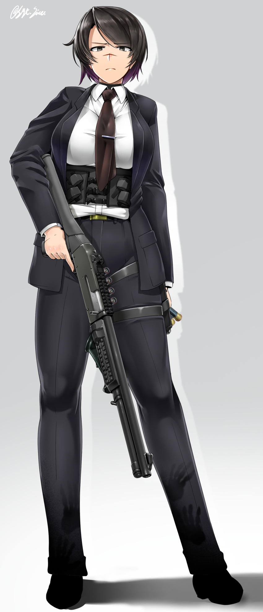 1girl absurdres bangs belt benelli_m1014 black_footwear black_legwear bullet formal genderswap gun highres holding holding_weapon john_wick looking_at_viewer necktie panties saizu_nitou_gunsou shirt shotgun simple_background solo suit underwear weapon white_shirt