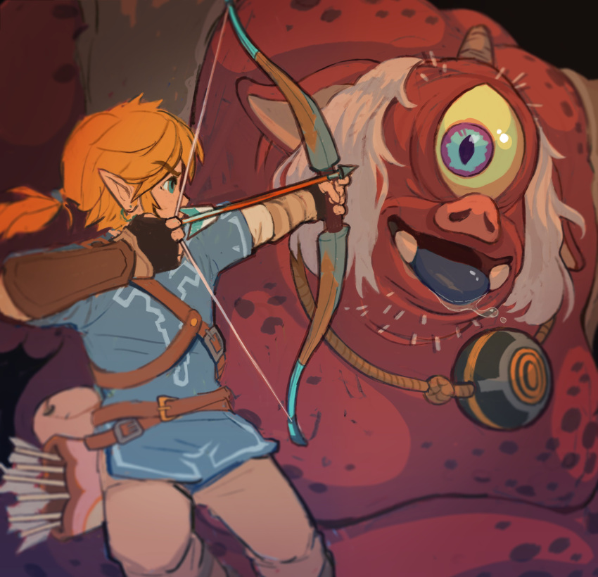 1boy absurdres arrow_(projectile) belt blonde_hair blue_shirt bow_(weapon) bracelet colored_skin cyclops eyebrows_visible_through_hair feet_out_of_frame highres hinox holding holding_bow_(weapon) holding_weapon jewelry link long_sleeves one-eyed ponytail profile red_skin shirt short_over_long_sleeves short_sleeves solo svv_art the_legend_of_zelda the_legend_of_zelda:_breath_of_the_wild weapon