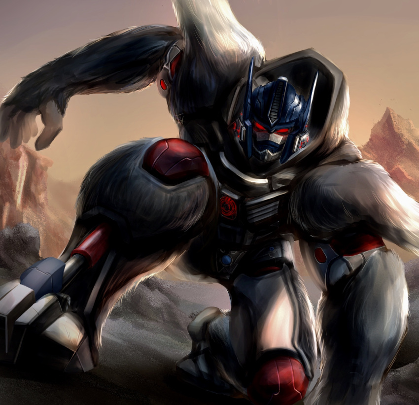 1boy beast_wars glowing glowing_eyes highres kneeling kozsen_810290 looking_at_viewer maximal mecha no_humans one_knee open_hand optimus_primal red_eyes science_fiction solo transformers