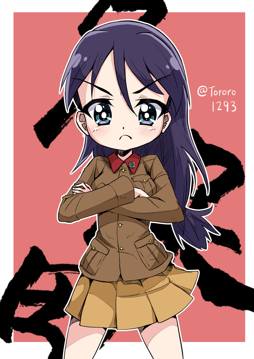 1girl absurdres background_text bangs black_eyes black_hair border brown_jacket chi-hatan_military_uniform closed_mouth commentary cowboy_shot crossed_arms eyebrows_visible_through_hair frown girls_und_panzer hair_ribbon highres jacket kubota_rin long_hair long_sleeves looking_at_viewer low-tied_long_hair military military_uniform miniskirt outline outside_border pleated_skirt red_background ribbon skirt solo standing twitter_username uniform v-shaped_eyes white_border white_outline white_ribbon yamakake_(tororo1293) yellow_skirt