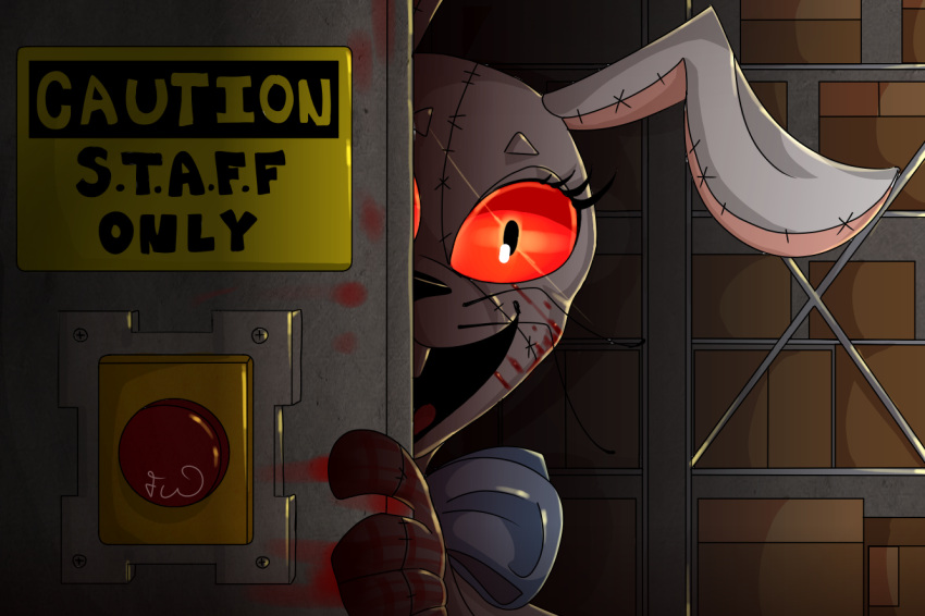2021 :d anthro big_eyes black_eyes black_nose blood blood_on_face blood_on_hand bodily_fluids bow_tie box buckteeth button_(disambiguation) close-up english_text eyelashes female five_nights_at_freddy's five_nights_at_freddy's:_security_breach lagomorph leporid long_ears long_whiskers looking_at_viewer mammal open_mouth patch_(fabric) rabbit red_sclera smile solo stitch_(sewing) teeth text tongue vanny_(fnaf) video_games whiskers white_body xxblackberriixx