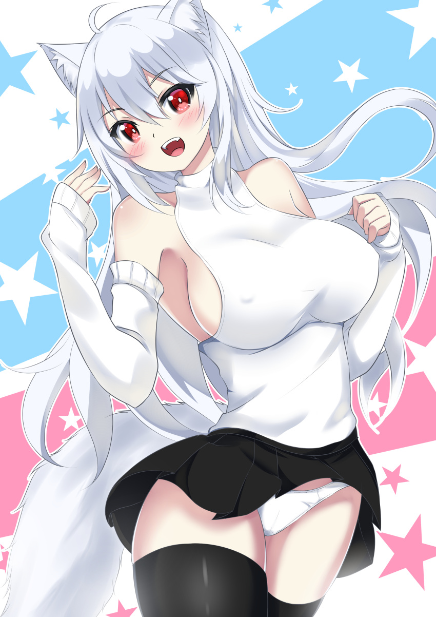 1girl absurdres ahoge animal_ear_fluff animal_ears breasts catstudioinc_(punepuni) covered_nipples detached_sleeves highres large_breasts long_hair looking_at_viewer open_mouth original panties red_eyes shirt sideboob sleeveless sleeveless_shirt smile solo tail thighhighs underwear white_hair wolf_ears wolf_girl wolf_tail