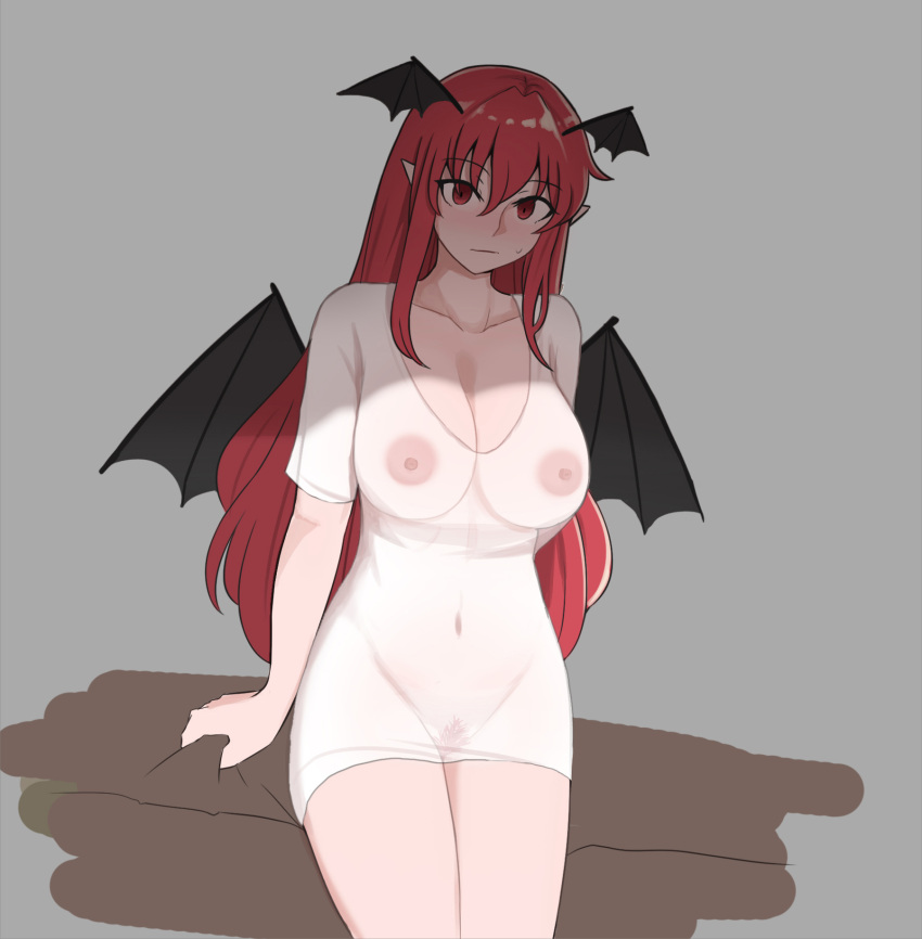 1girl areolae bat_wings breasts cleavage covered_nipples demon_tail demon_wings female_pubic_hair head_wings highres koakuma large_breasts long_hair looking_at_viewer mata_(matasoup) nipples pubic_hair red_hair red_pubic_hair see-through shirt simple_background sitting solo tail touhou white_background white_shirt wings