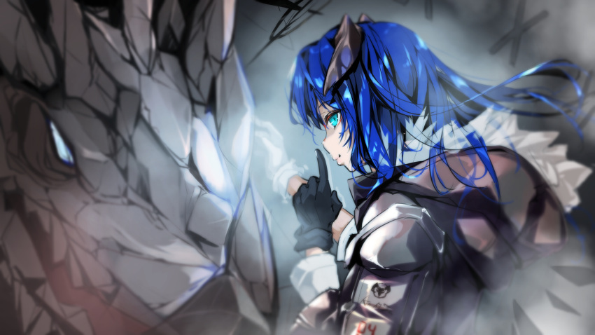 1girl arknights bangs black_gloves black_jacket blue_eyes blue_hair commentary_request demon_horns detached_wings dragon energy_wings eyebrows_visible_through_hair finger_to_mouth from_behind fur-trimmed_hood fur_trim gloves halo hellnyaa highres hood hooded_jacket horns index_finger_raised jacket long_hair long_sleeves looking_at_viewer looking_back mismatched_gloves mostima_(arknights) shirt shushing smile solo upper_body white_gloves white_shirt wings