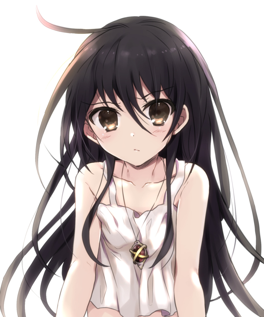 1girl ahoge alastor_(shakugan_no_shana) black_hair brown_eyes collarbone flat_chest hair_between_eyes highres jewelry long_hair looking_at_viewer pendant shakugan_no_shana shana simple_background solo tachitsu_teto tank_top upper_body white_background