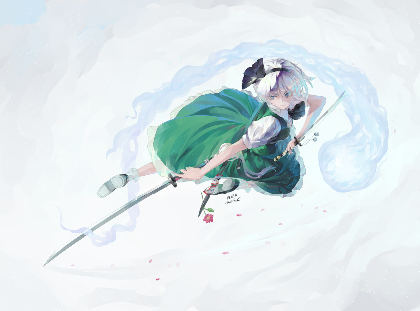 1girl bangs black_hairband bob_cut collared_shirt commentary dated dual_wielding flower frilled_legwear frilled_skirt frills full_body green_skirt green_vest grey_eyes hairband highres hitodama holding holding_sword holding_weapon katana konpaku_youmu konpaku_youmu_(ghost) mixed-language_commentary ofuda petals pink_flower puffy_short_sleeves puffy_sleeves riki6 saya_(scabbard) scabbard sheath shirt shoes short_hair short_sleeves signature silver_hair skirt skirt_set socks solo sword touhou vest weapon white_shirt