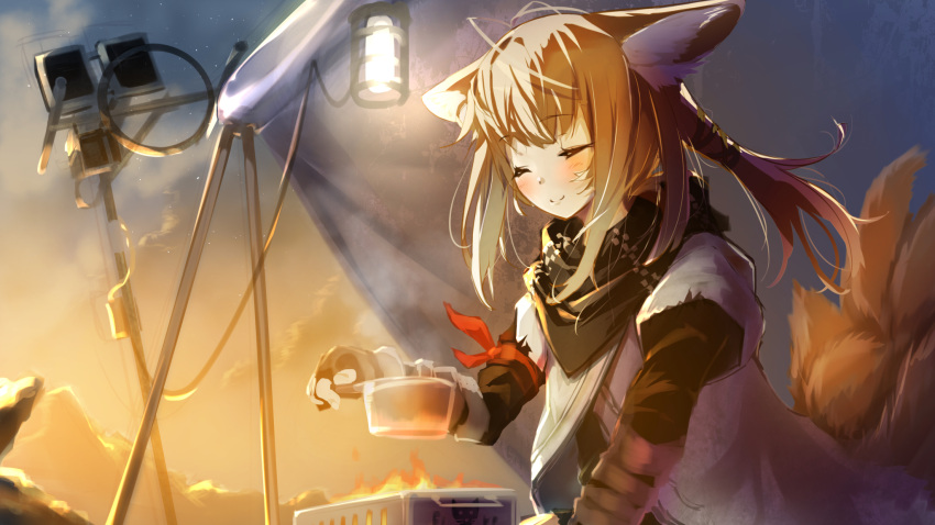 1girl animal_ear_fluff animal_ears arknights bangs black_gloves black_scarf blonde_hair blush closed_eyes cloud commentary_request cooking fingerless_gloves fox_ears fox_girl fox_tail gloves hellnyaa highres holding holding_pot kyuubi multiple_tails official_alternate_costume pot red_ribbon ribbon scarf sky smile solo stove suzuran_(arknights) suzuran_(lostlands_flowering)_(arknights) tail upper_body