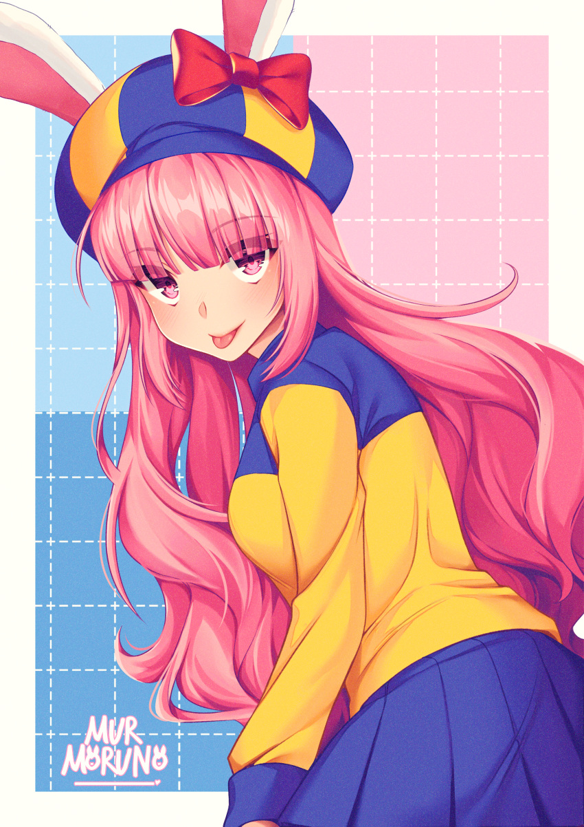 1girl absurdres animal_ears artist_name bangs blue_skirt bow breasts bunny_ears crush_crush hat highres huge_filesize long_hair long_sleeves looking_at_viewer mur_(crush_crush) murmoruno open_mouth pink_eyes pink_hair pleated_skirt red_bow skirt solo striped striped_headwear tongue tongue_out
