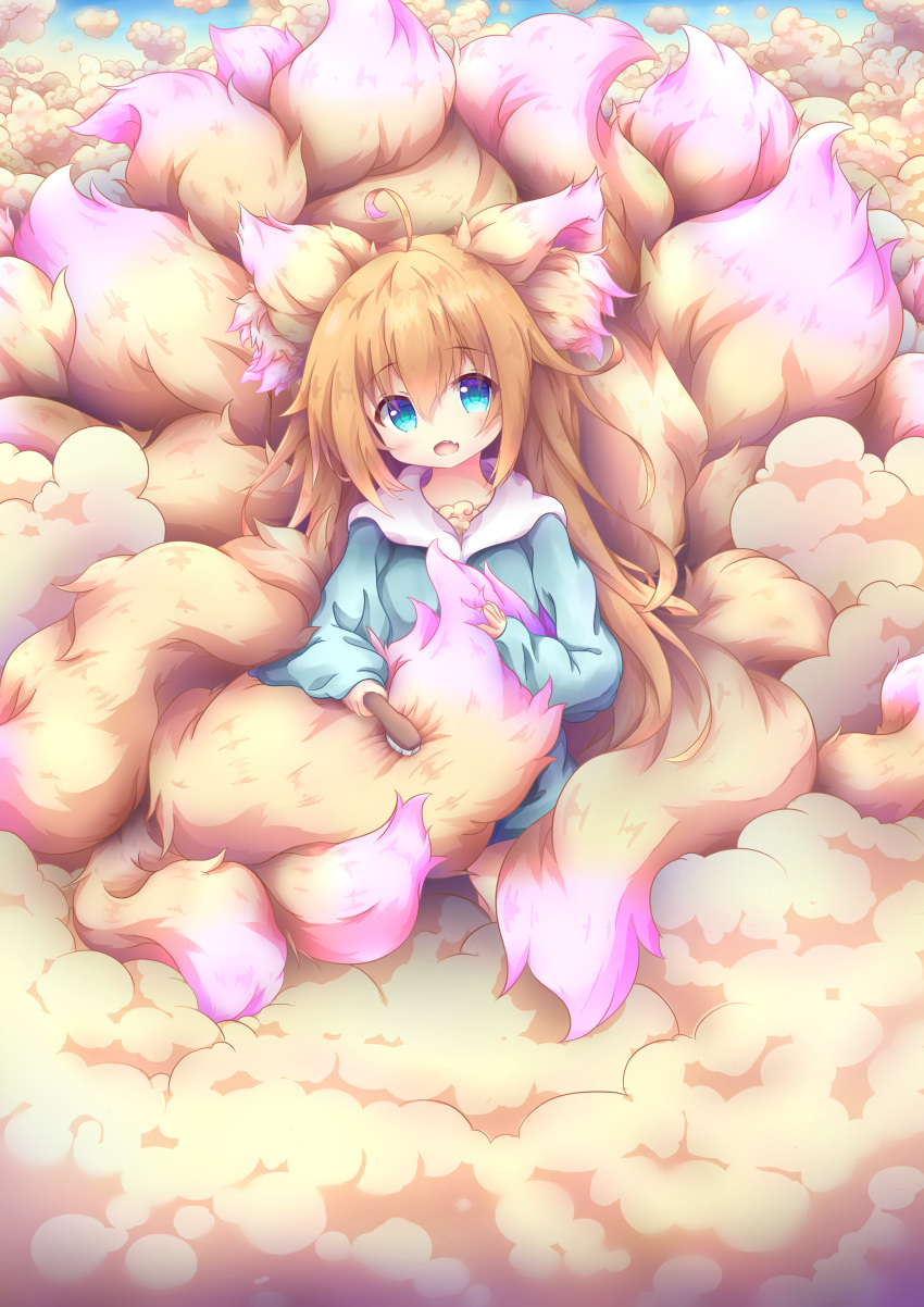 1girl absurdres ahoge animal_ears aqua_eyes bangs brush casual commentary_request eyebrows_visible_through_hair eyes_visible_through_hair fluffy fox_ears fox_girl fox_tail highres holding holding_brush large_tail light_brown_hair long_hair long_sleeves looking_at_viewer macaroni710 multiple_tails original sidelocks sitting solo tail tail_brushing too_much_fluff
