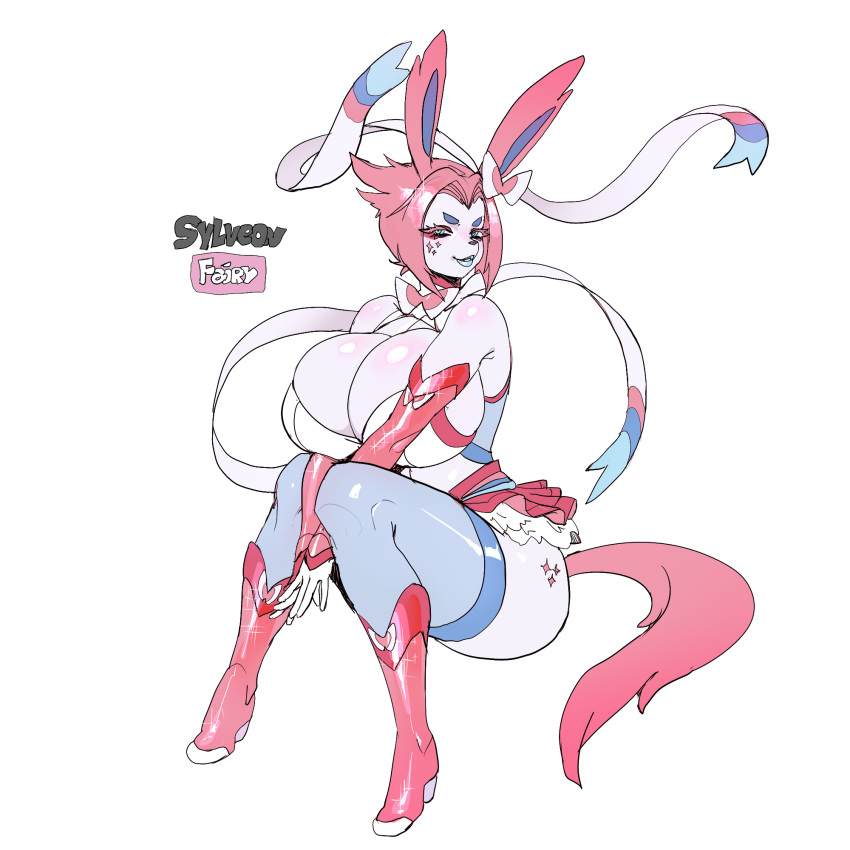 anthro big_breasts breasts cleavage clothed clothing eeveelution female hair hi_res maniacpaint nintendo pink_body pink_hair pok&eacute;mon pok&eacute;mon_(species) simple_background sitting solo sylveon thighighs video_games white_background