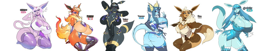 absurd_res anthro big_breasts bottomwear breast_size_difference breasts butt cleavage clothed clothing eevee eeveelution espeon female flareon glaceon group hi_res kneeling long_image maniacpaint nintendo pasties pok&eacute;mon pok&eacute;mon_(species) pse skirt umbreon vaporeon video_games wide_image