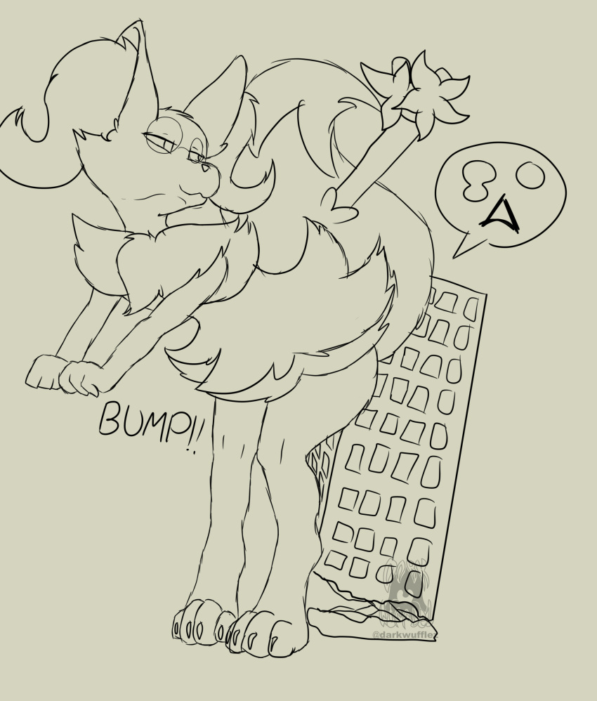 absurd_res ambiguous_gender anthro braixen building building_destruction butt_bump claws darkwufflez english_text eyewear fluffy fluffy_tail fur glasses hi_res inner_ear_fluff kana_the_braixen looking_back macro monochrome nintendo paws pok&eacute;mon pok&eacute;mon_(species) simple_background sketch solo sound_effects stick text toe_claws tuft video_games white_background