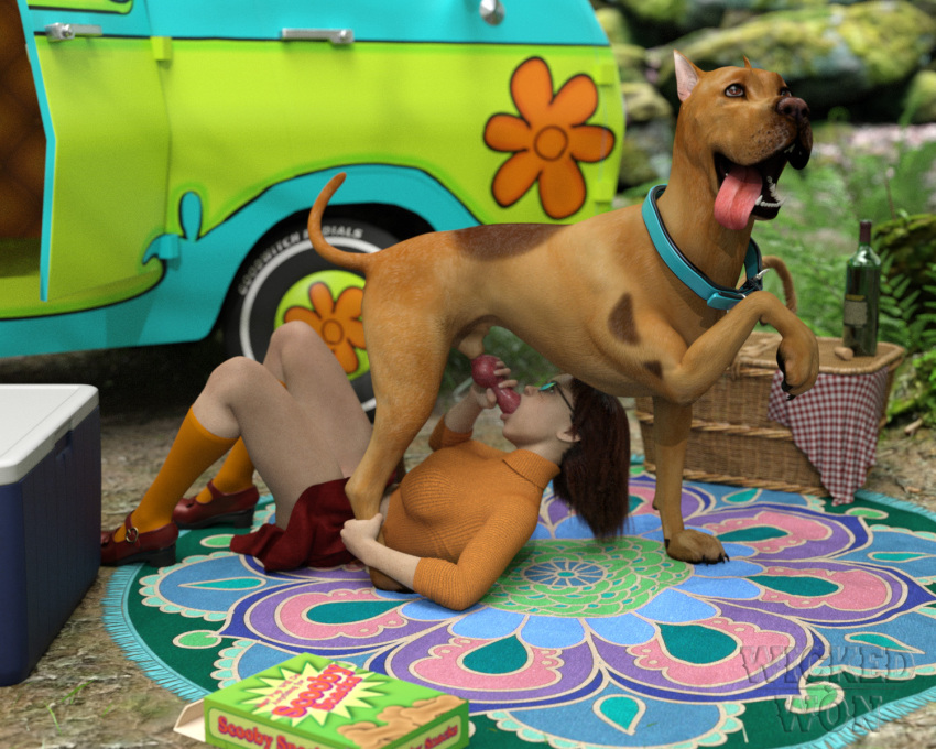 3d_(artwork) animal_genitalia animal_penis bestiality brown_hair canid canine canine_penis canis collar detailed_background digital_media_(artwork) domestic_dog duo erection eyewear fellatio female female_on_feral feral genitals glasses hair hanna-barbera hi_res human human_on_feral interspecies knot male male/female mammal oral penile penis scooby-doo scooby-doo_(series) sex text tongue tongue_out velma_dinkley wickedwon