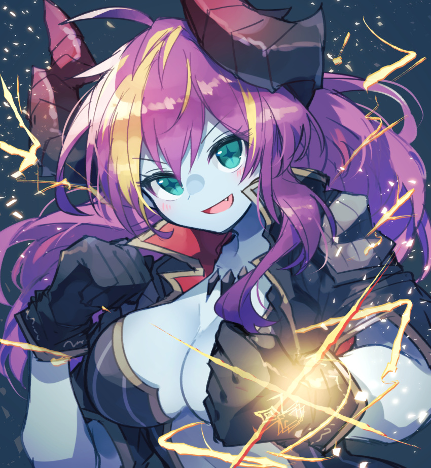 +_+ 1girl :d ahoge bangs black_gloves black_jacket black_leotard blonde_hair blue_skin breasts character_request cleavage clenched_hands colored_skin curled_horns eyebrows_visible_through_hair fang gloves green_eyes hair_between_eyes highres horns jacket kuuron_(moesann17) large_breasts leotard long_hair looking_at_viewer multicolored_hair open_clothes open_jacket open_mouth purple_hair puzzle_&amp;_dragons short_sleeves smile solo streaked_hair striped striped_leotard upper_body v-shaped_eyebrows vertical-striped_leotard vertical_stripes