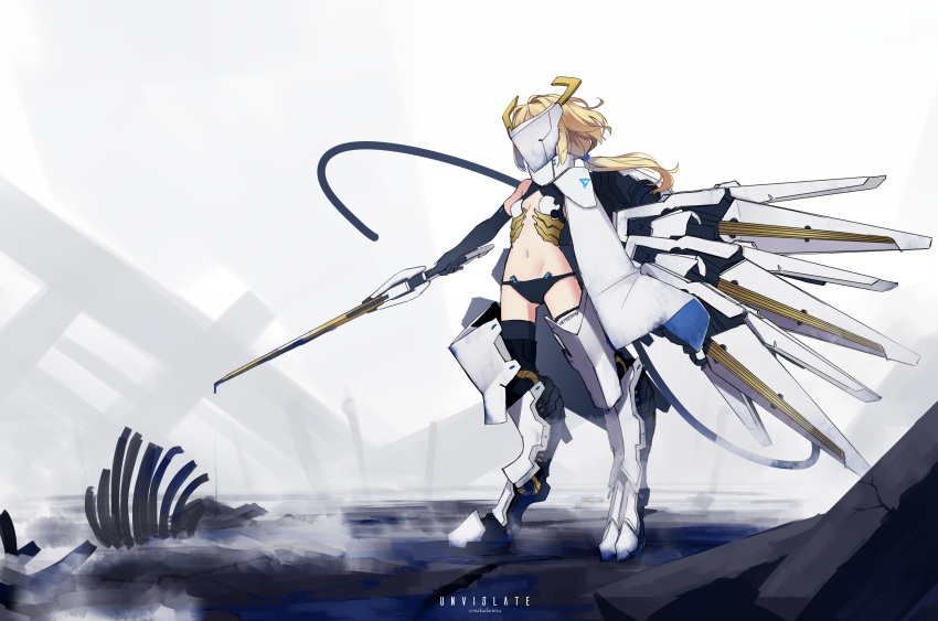 1girl absurdres armored_boots black_gloves black_legwear black_panties blonde_hair boots breasts commentary_request elbow_gloves gloves grey_background groin highres holding holding_sword holding_weapon long_hair low_ponytail makadamixa mecha_musume navel original panties ponytail revealing_clothes small_breasts solo standing sword thighhighs twitter_username underwear weapon