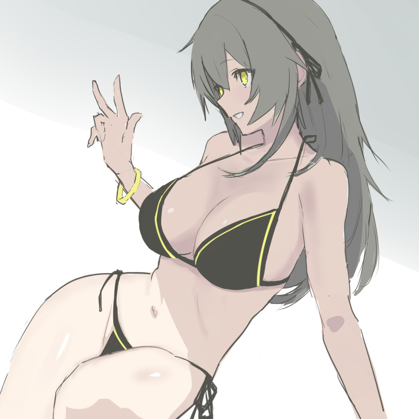 1girl bangs bikini black_bikini breasts cleavage ff_frbb122 girls_frontline grey_hair grin hair_ribbon highres large_breasts long_hair navel ribbon side-tie_bikini sketch smile solo swimsuit ump40_(girls_frontline) yellow_eyes