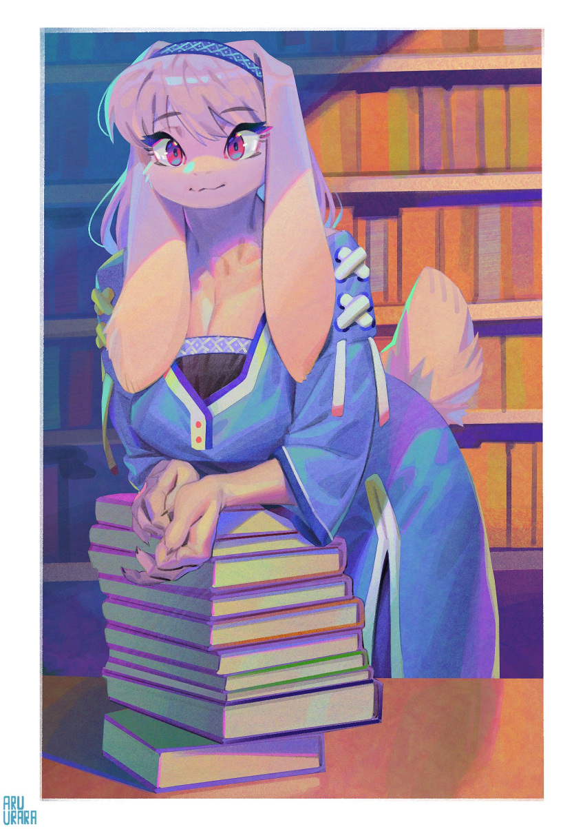2021 5_fingers anthro aruurara big_breasts book breasts cleavage clothed clothing female fingers fully_clothed fur hair hi_res kemono lagomorph leporid library long_ears long_hair looking_at_viewer mammal rabbit red_eyes solo white_body white_fur white_hair