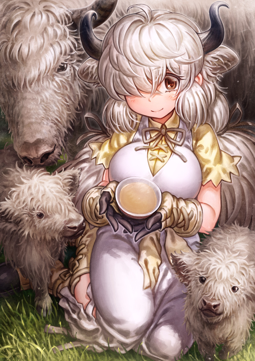 1girl animal blush breasts brown_eyes brown_gloves cup fingerless_gloves full_body gloves grass hair_over_one_eye highres holding holding_cup horns kemono_friends kemono_friends_3 lain large_breasts long_hair looking_at_viewer one_eye_covered shadow short_sleeves smile white_hair yak yak_(kemono_friends)
