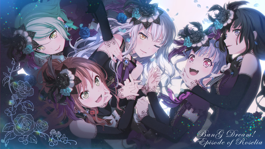5girls :d ;) absurdres bang_dream! bangs black_gloves black_hair blue_eyes blue_hair blush brown_hair copyright_name dress earrings elbow_gloves elbow_rest eyebrows_behind_hair eyebrows_visible_through_hair fang flower frilled_sleeves frills from_above gloves gothic_lolita green_eyes green_hair grey_hair hair_flower hair_ornament hand_on_another's_cheek hand_on_another's_chin hand_on_another's_face hand_on_another's_shoulder head_rest highres hikawa_sayo holding_hands imai_lisa interlocked_fingers jewelry lace-trimmed_gloves lace_trim lolita_fashion long_hair looking_at_viewer lying minato_yukina mochipuyo multiple_girls neck_ribbon official_art on_back on_side one_eye_closed open_mouth orange_eyes petals ponytail puffy_short_sleeves puffy_sleeves purple_dress purple_eyes purple_ribbon red_ribbon ribbon rose roselia_(bang_dream!) shirokane_rinko short_sleeves sidelocks silver_hair sleeveless smile teeth udagawa_ako upper_body upper_teeth