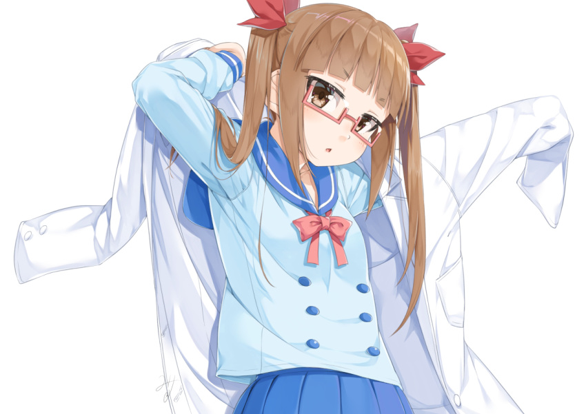 1girl arm_up blue_sailor_collar blue_shirt blue_skirt blush bow breasts brown_eyes brown_hair chestnut_mouth commentary_request dressing glasses hair_ribbon idolmaster idolmaster_cinderella_girls ikebukuro_akiha labcoat long_hair looking_at_viewer miri_(ago550421) parted_lips pink-framed_eyewear pink_bow pleated_skirt red_ribbon ribbon sailor_collar school_uniform semi-rimless_eyewear serafuku shirt simple_background skirt small_breasts solo twintails under-rim_eyewear very_long_hair white_background