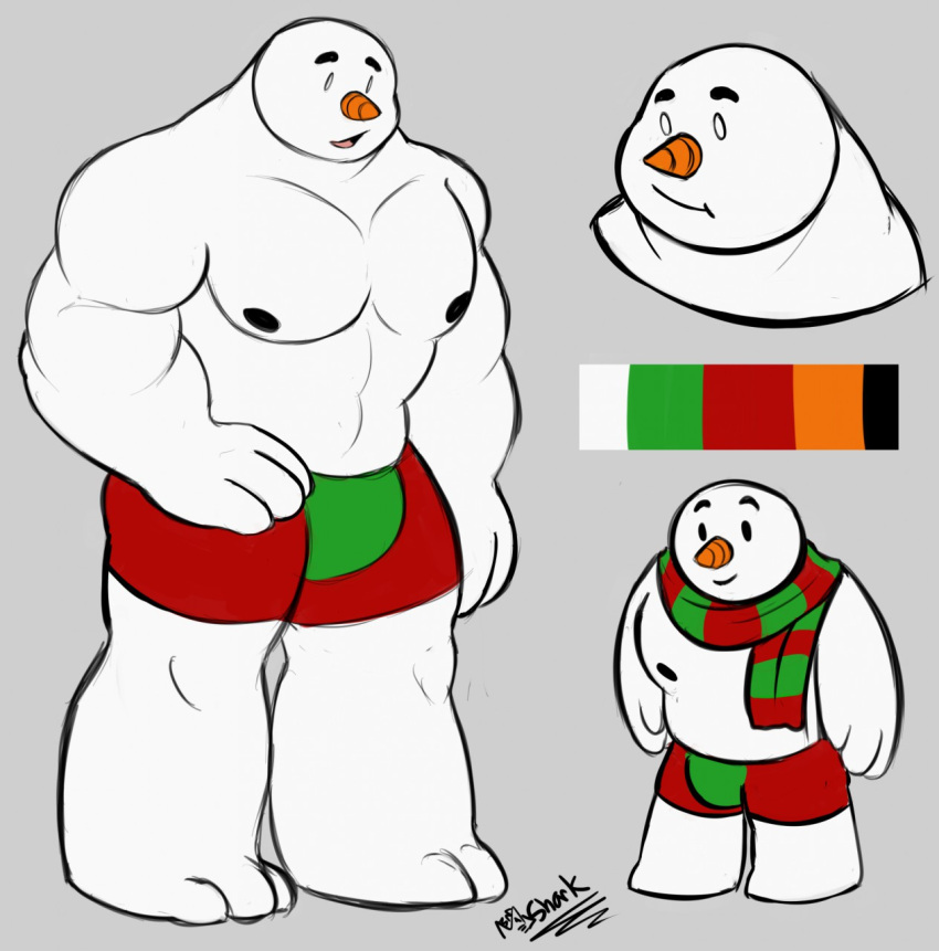 clothed clothing elemental_creature elemental_humanoid frosty_the_snowman fryst hi_res humanoid male manlyshark mineral_fauna mineral_humanoid not_furry scarf snow snow_creature snow_humanoid snowman solo topless white_body white_skin