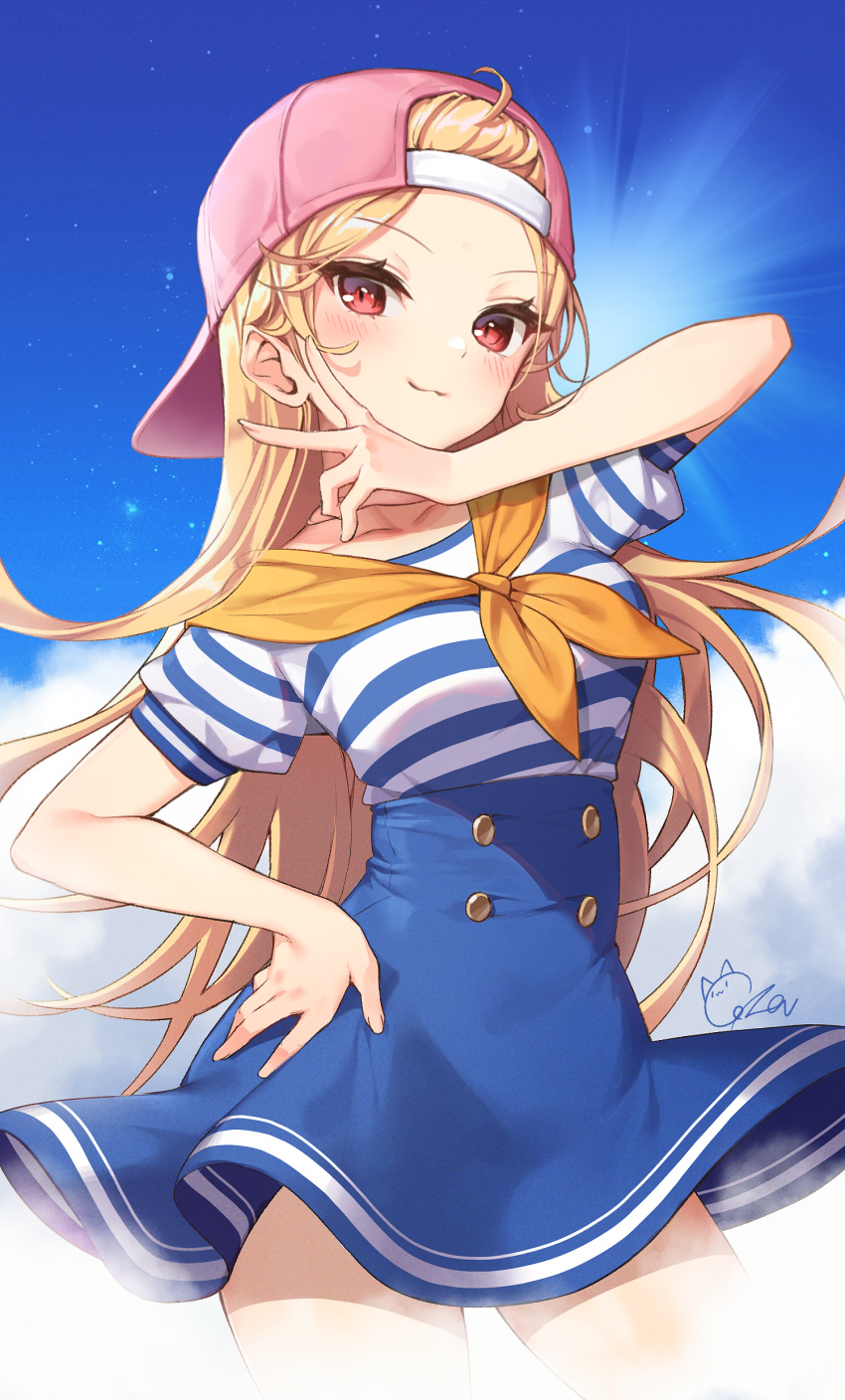 1girl absurdres ahoge backwards_hat bare_shoulders blonde_hair blue_skirt blue_sky blush breasts closed_mouth cloud cloudy_sky commentary_request commission day eyebrows_visible_through_hair forehead hand_on_hip hat high-waist_skirt highres konbu_(hida123) long_hair medium_breasts off-shoulder_shirt off_shoulder original outdoors pink_headwear puffy_short_sleeves puffy_sleeves red_eyes shirt short_sleeves signature skirt sky smile solo striped striped_shirt very_long_hair
