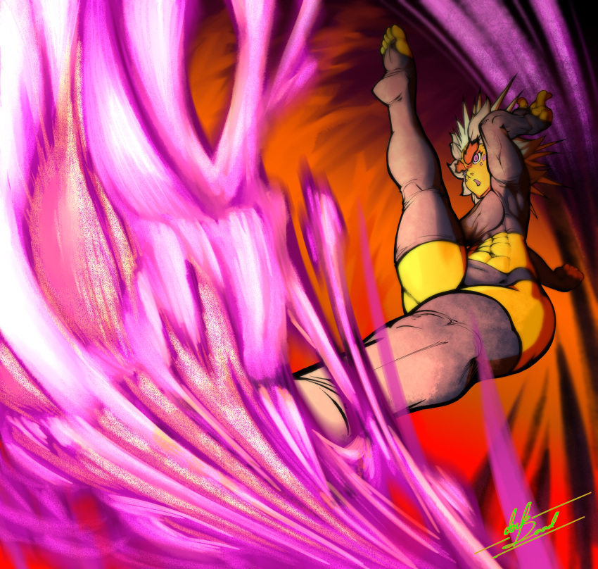 abs absurd_res axe_kick clothing colored_fire demon elemental_manipulation eyebrows female fight fire fire_manipulation grey_hair hair hi_res humanoid imp ink-dood kick latex_clothing latex_stockings legwear lith_(ink-dood) muscular orange_body orange_skin purple_eyes purple_fire red_eyebrows rubber solo spiky_hair thick_eyebrows thigh_highs