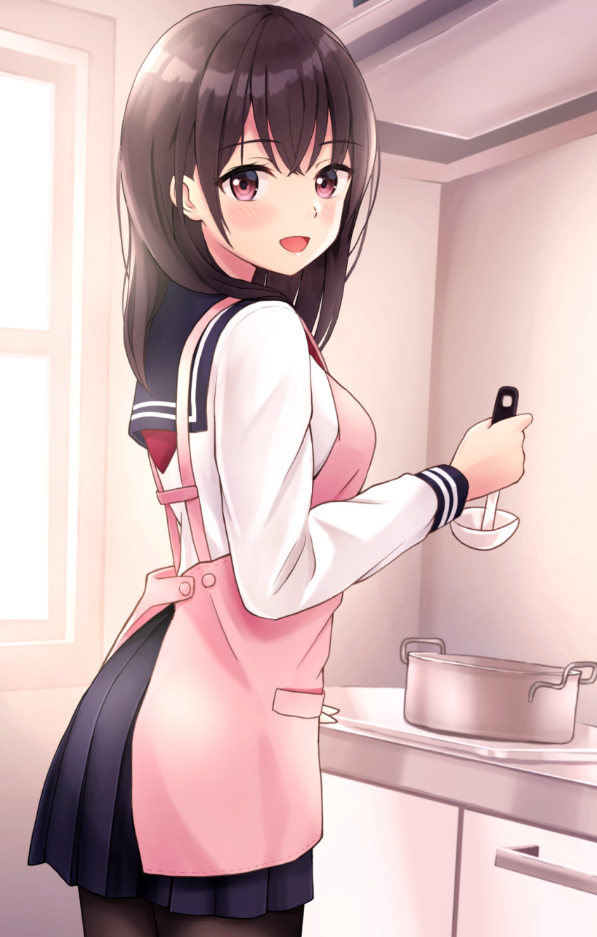 1girl apron black_legwear blue_sailor_collar blue_skirt blush brown_hair cabinet cooking highres holding holding_ladle indoors kitchen ladle long_hair long_sleeves looking_at_viewer neckerchief open_mouth original pantyhose pink_apron pink_eyes pleated_skirt pot red_neckwear sailor_collar school_uniform serafuku shirt skirt smile solo standing stove white_shirt window yukimaru217