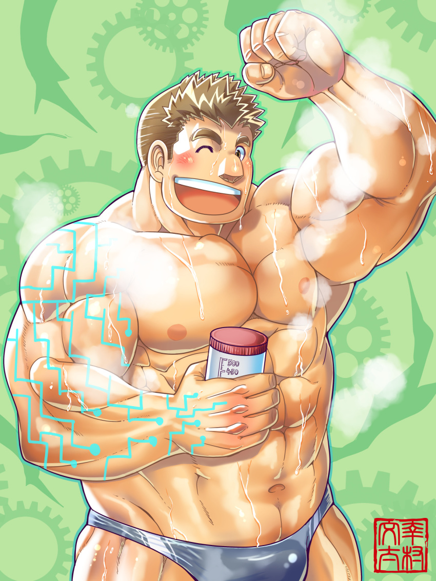 1boy :d abs bara bare_pectorals biceps blue_male_swimwear blush bulge bunta_ru cowboy_shot dated flexing highres kurogane_(tokyo_houkago_summoners) large_pectorals light_brown_hair male_focus mature_male muscular muscular_male navel nipples open_mouth pectorals pose short_hair sideburns smile solo stomach thick_eyebrows thick_thighs thighs tokyo_houkago_summoners wet