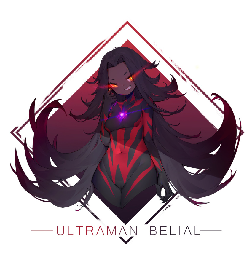 1girl absurdres black_hair bodysuit breasts character_name claws cleft_of_venus dark_skin dark_skinned_female gem genderswap glowing glowing_eyes groin guguguxuegege highres long_hair navel red_eyes solo standing teeth ultra_series ultraman ultraman_belial very_long_hair