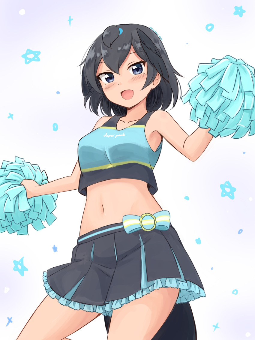 1girl absurdres alternate_costume bangs bird_tail bird_wings black_hair black_skirt black_wings blush bow breasts cheering cheerleader eyebrows_visible_through_hair feathered_wings frilled_skirt frills greater_lophorina_(kemono_friends) grey_eyes hair_between_eyes head_wings highres kemono_friends kemono_friends_3 looking_at_viewer medium_breasts navel open_mouth pleated_skirt pom_poms shiraha_maru shirt short_hair simple_background skirt smile solo star_(symbol) thighs twitter_username white_background wings