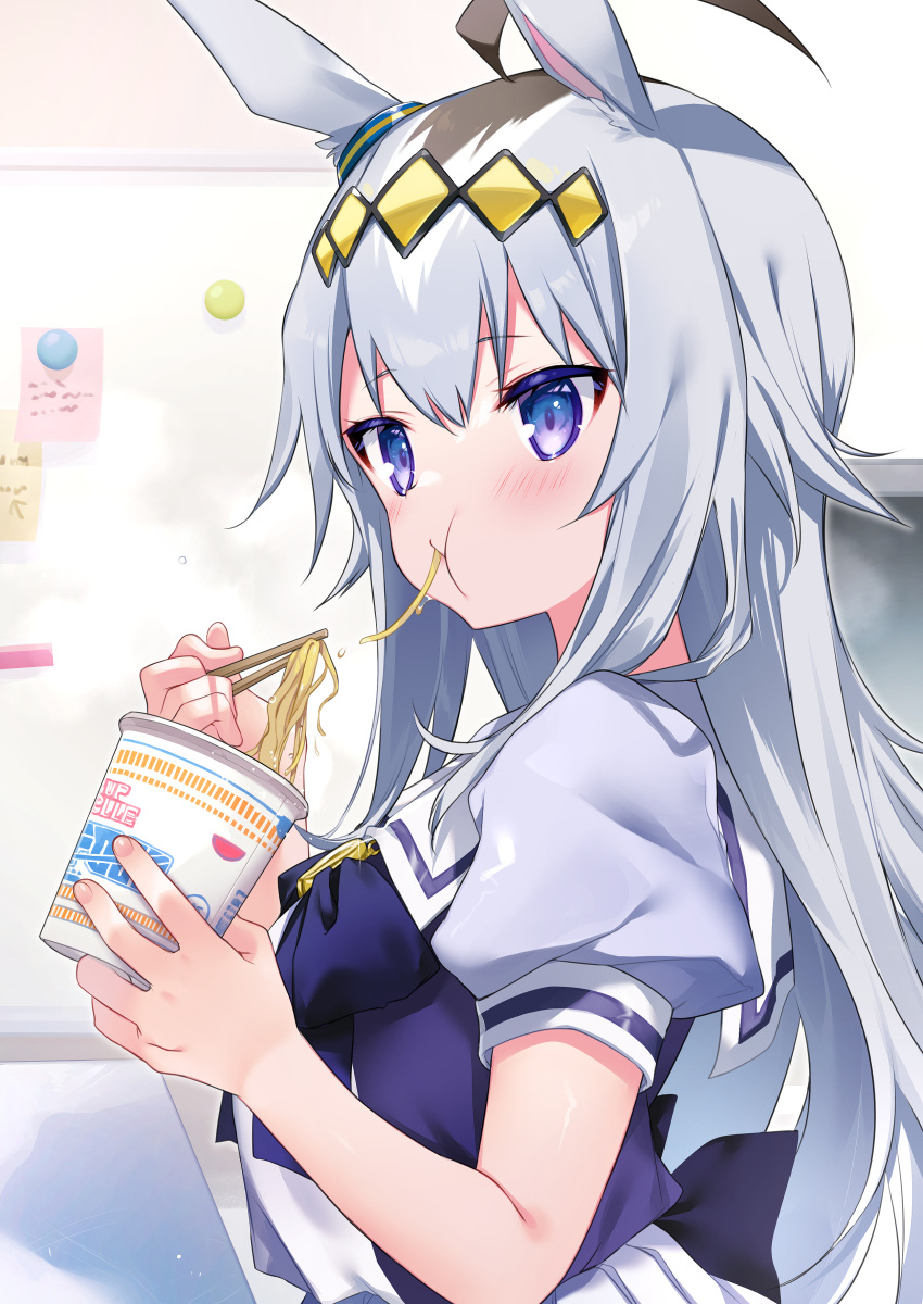 1girl :t absurdres ahoge animal_ears bangs blue_eyes blue_shirt blush chopsticks closed_mouth commentary_request cup cup_ramen disposable_cup eating eyebrows_visible_through_hair food grey_hair highres holding holding_chopsticks holding_cup horse_ears kurimochi_chizuru long_hair noodles oguri_cap_(umamusume) pleated_skirt puffy_short_sleeves puffy_sleeves school_uniform shirt short_sleeves skirt solo tracen_school_uniform umamusume upper_body very_long_hair white_skirt