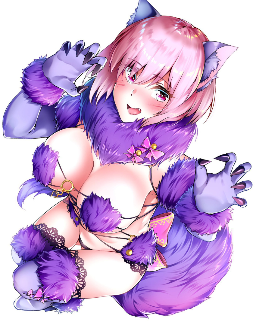 1girl animal_ears bangs bare_shoulders blush breasts cleavage dangerous_beast elbow_gloves fang fate/grand_order fate_(series) fur-trimmed_gloves fur_collar fur_trim gloves hair_over_one_eye halloween_costume highres lace lace-trimmed_legwear lace_trim large_breasts light_purple_hair looking_at_viewer mash_kyrielight o-ring open_mouth purple_eyes purple_gloves purple_legwear revealing_clothes short_hair simple_background smile tail thighhighs thighs wolf_ears wolf_tail yuu-kun_(linke_hand)