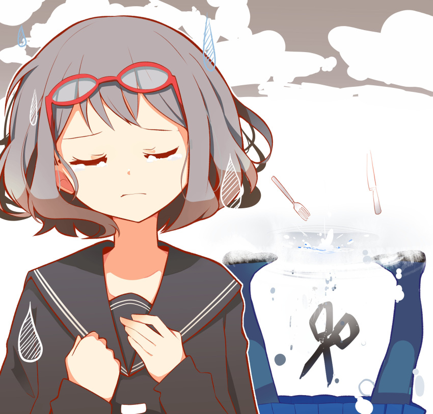 1girl absurdres black_collar black_shirt closed_eyes collar collared_shirt commentary crying eyewear_on_head fork frown grey_hair gumi hands_on_own_chest hands_up highres jar knife mosaic_roll_(vocaloid) pachio_(patioglass) red-framed_eyewear sailor_collar school_uniform scissors serafuku shirt short_hair solo splashing tears upper_body vocaloid water_drop yowamushi_mont-blanc_(vocaloid)