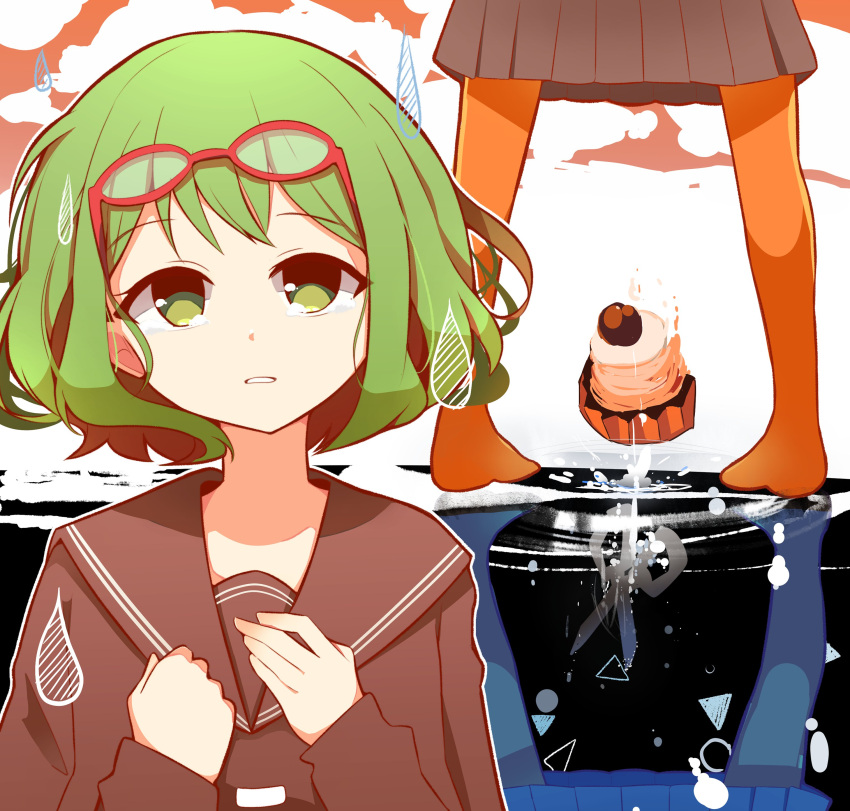 1girl absurdres black_collar black_shirt black_skirt collar collared_shirt commentary dessert eyewear_on_head food green_eyes green_hair gumi hands_on_own_chest hands_up highres jar mont_blanc_(food) multiple_views orange_legwear pachio_(patioglass) pantyhose parted_lips red-framed_eyewear sailor_collar school_uniform scissors serafuku shirt short_hair skirt vocaloid water_drop yowamushi_mont-blanc_(vocaloid)