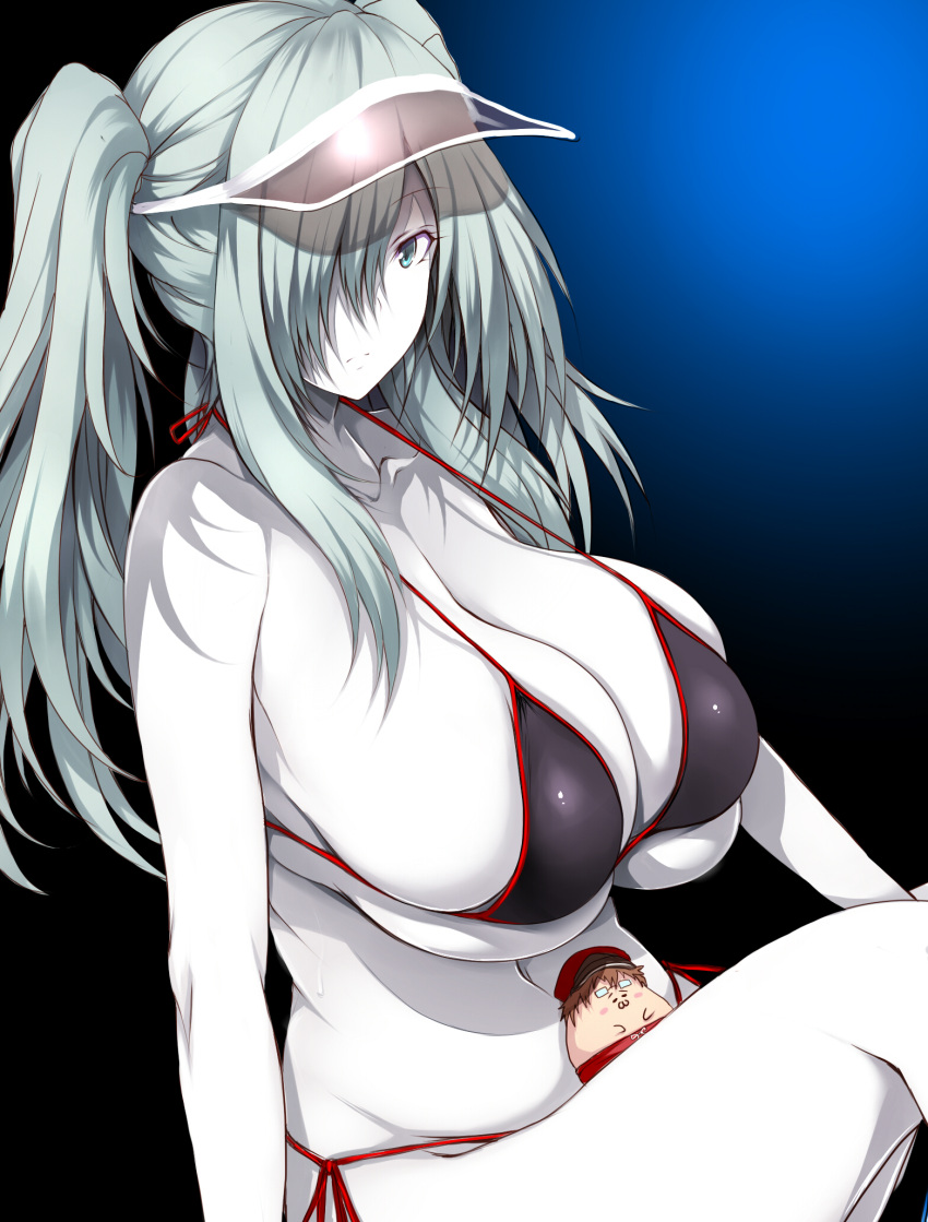 1girl alternate_hairstyle barefoot bikini bird black_bikini blue_eyes breasts cleavage colored_skin expressionless eyebrows_visible_through_hair hair_over_one_eye hataraku_saibou hataraku_saibou_black highres huge_breasts long_hair looking_at_viewer micro_bikini side-tie_bikini sidelocks silver_hair sitting skindentation solo swimsuit tsukasawa_takamatsu twintails u-1196 visor_cap water white_blood_cell_(hataraku_saibou) white_skin