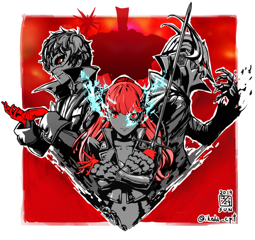 1girl 2boys adjusting_clothes adjusting_gloves akechi_gorou amamiya_ren arms_up bangs black_coat black_hair blue_fire cape clawed_gauntlets coat collar_up collared_coat crossed_arms dated fire frilled_sleeves frills from_side gauntlets gloves gradient gradient_hair hand_up handkerchief hands_up helmet high_ponytail holding holding_weapon horned_mask horns ikeda_(cpt) leotard long_hair long_sleeves mask masquerade_mask multicolored_hair multiple_boys persona persona_5 persona_5_the_royal ponytail rapier red_background red_eyes red_gloves red_hair silhouette simple_background smile striped swept_bangs sword torn_clothes trench_coat weapon yoshizawa_kasumi