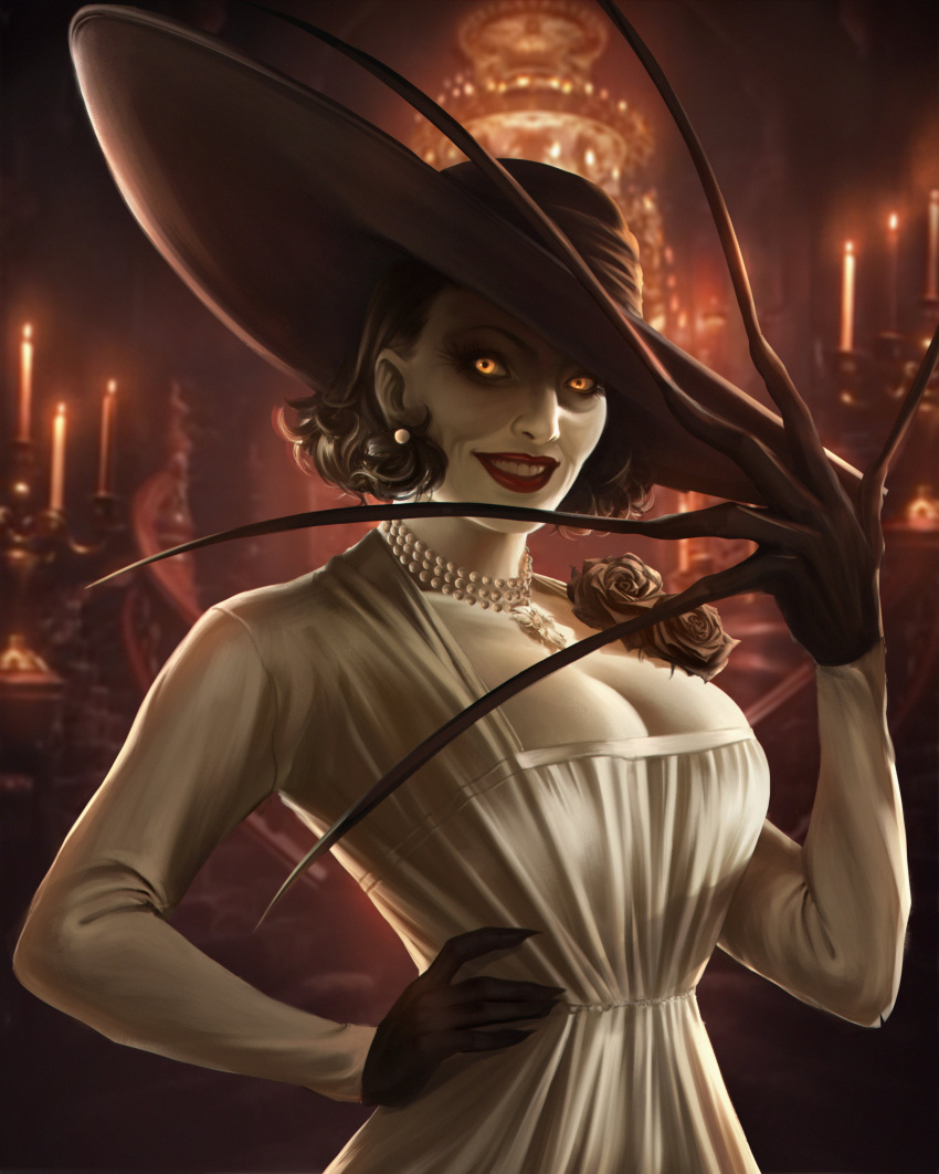 1girl absurdres alcina_dimitrescu black_gloves breasts caio_santos candle candlestand castle claws cleavage dress earrings fingernails flower gloves hand_on_hip hat highres jewelry looking_at_viewer makeup necklace pearl_necklace resident_evil resident_evil_village rose sharp_fingernails short_hair solo sun_hat white_dress yellow_eyes