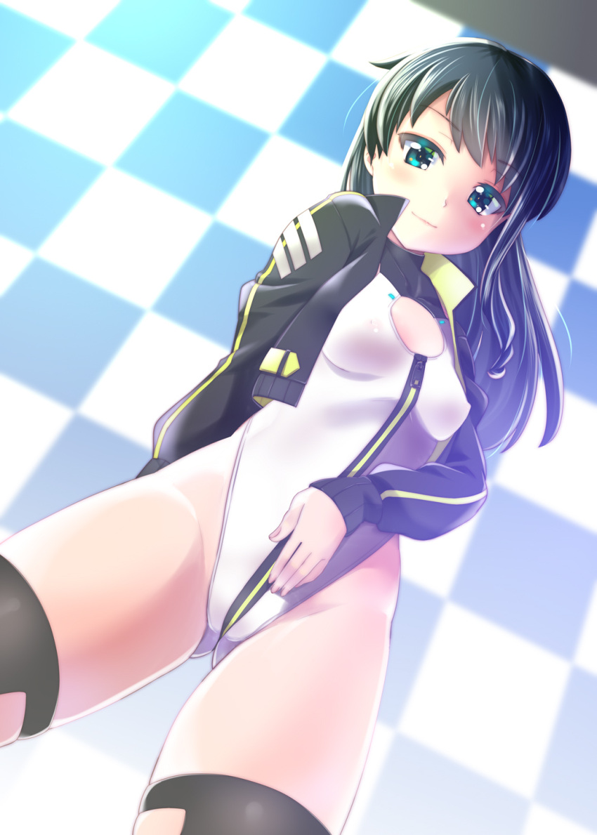 1girl alice_gear_aegis ass_visible_through_thighs black_hair black_jacket black_legwear blue_eyes breasts checkered checkered_background cleavage_cutout clothing_cutout commentary_request cowboy_shot dutch_angle highleg highleg_leotard highres jacket kanoe koashi_mutsumi leotard long_hair looking_at_viewer race_queen single_thighhigh small_breasts solo standing thighhighs white_leotard