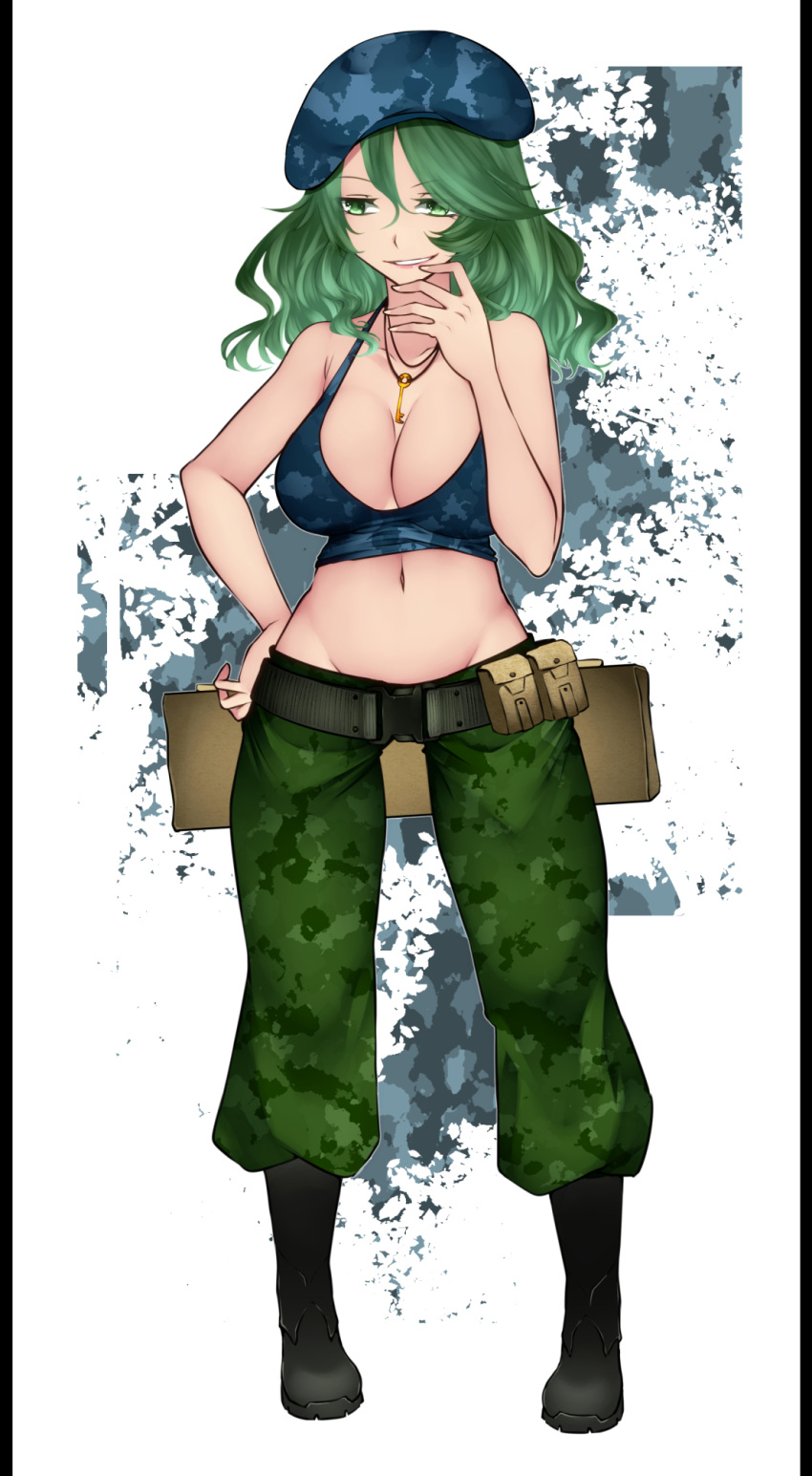 1girl aoshima bare_shoulders belt beret black_footwear blue_headwear blue_tank_top boots breasts camouflage camouflage_headwear camouflage_pants camouflage_tank_top cleavage collarbone commentary_request crop_top full_body green_eyes green_hair green_pants grin groin hand_on_hip hand_on_own_face hat highres key_necklace large_breasts lips looking_to_the_side medium_hair midriff navel no_bra pants parted_lips pouch smile solo standing tank_top touhou yamashiro_takane