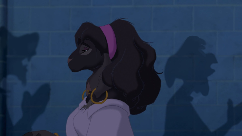 2021 anthro anthrofied black_body black_fur black_hair blouse blue_eyes bovid caprine clothing crown disney esmeralda_(disney) female fur hair hi_res hoop_earrings hooves mammal pink_nose shadow sheep solo the_hunchback_of_notre_dame tiara topwear velow wall_(disambiguation)