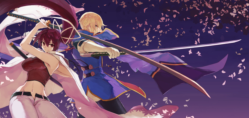 1boy 1girl absurdres aqua_eyes belt belt_buckle blazblue blazblue:_cross_tag_battle blonde_hair bodysuit breasts buckle cape capelet cherry_blossoms crossover gloves highres japanese_clothes jin_kisaragi katana kimono large_breasts long_coat long_hair midriff military military_uniform petals ponytail red_eyes red_hair ribbon shoulders sword trait_connection under_night_in-birth uniform very_long_hair weapon yuzuriha_(under_night_in-birth)