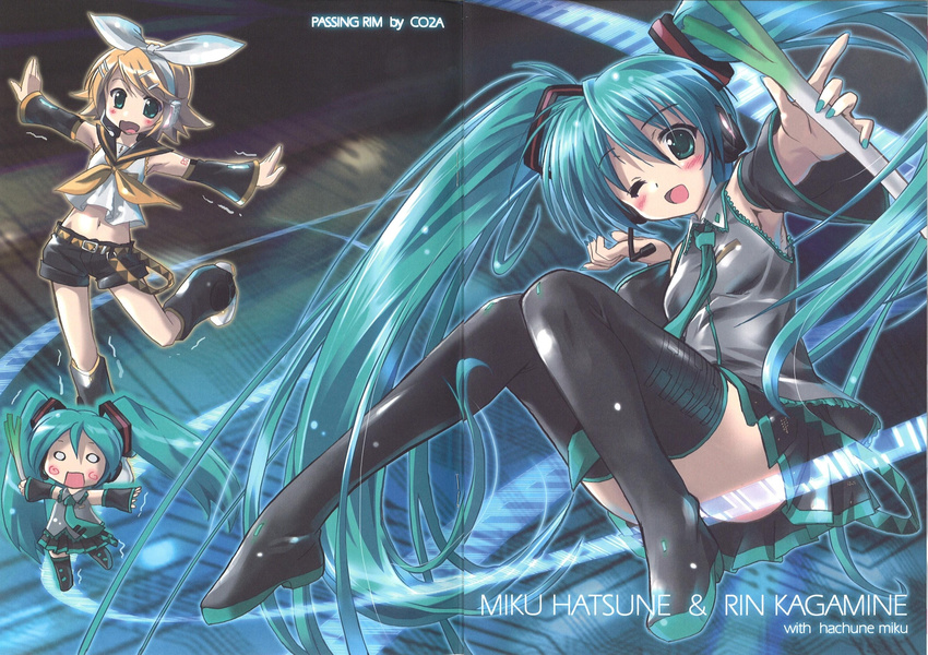 aqua_hair black_legwear blush boots celery character_name detached_sleeves eyebrows_visible_through_hair food hatsune_miku highres holding holding_food kagamine_rin komatsu_eiji long_hair microphone midriff multiple_girls nail_polish necktie one_eye_closed open_mouth outstretched_arm pleated_skirt skirt spring_onion thigh_boots thighhighs very_long_hair vocaloid