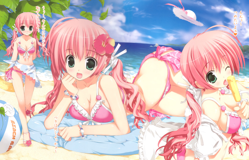 absurdres anklet ball beach beachball bikini blush breasts cleavage day flower food front-tie_top fujima_takuya green_eyes hair_flower hair_ornament hair_ribbon hat highres huge_filesize jewelry lying medium_breasts multiple_girls one_eye_closed open_mouth outdoors popsicle print_sarong ren'ai_yohou ribbon sarong scan side-tie_bikini sun_hat swimsuit tongue twintails white_sarong