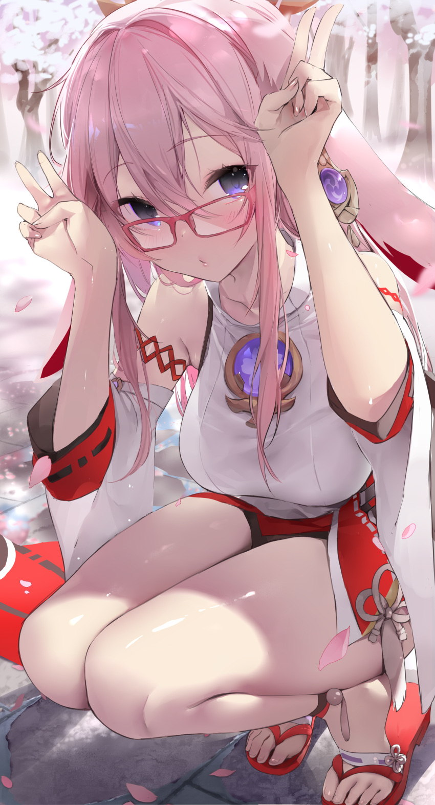 1girl absurdres bare_shoulders blush breasts character_request cherry_blossoms daefny detached_sleeves double_v feet full_body genshin_impact glasses hair_between_eyes highres japanese_clothes long_hair looking_at_viewer medium_breasts petals pink_hair pose purple_eyes red-framed_eyewear sandals solo squatting thick_thighs thighs toes v vision_(genshin_impact) wide_sleeves