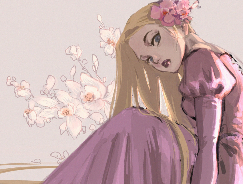1girl arm_support backlighting beige_background blonde_hair blue_eyes breasts cross-laced_clothes dress expressionless eyelashes feet_out_of_frame floral_background flower gori_matsu hair_flower hair_ornament head_down highres juliet_sleeves knees_up long_hair long_sleeves looking_at_viewer nape parted_lips pink_flower puffy_sleeves purple_dress purple_lips rapunzel_(disney) sideboob simple_background sitting small_breasts solo straight_hair tangled very_long_hair white_flower