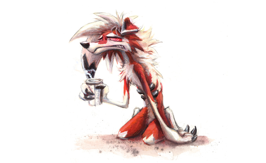 2021 anthro beverage coffee cup fur holding_cup holding_object kenket lycanroc midnight_lycanroc nintendo pok&eacute;mon pok&eacute;mon_(species) red_body red_fur simple_background solo text tired url video_games white_background white_body white_fur